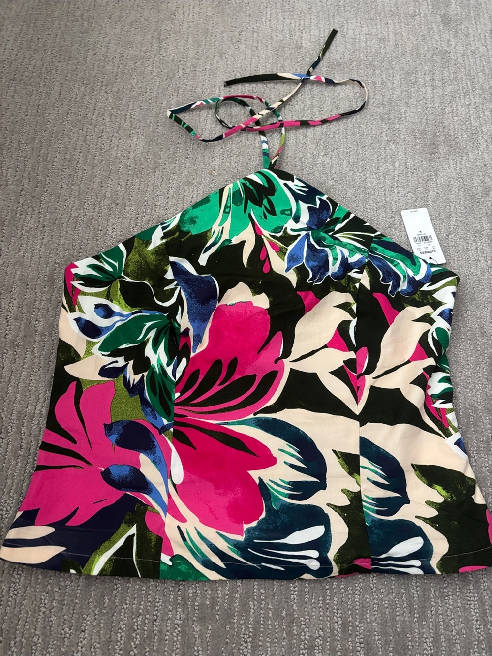 Express Cotton Tropical Flower Poplin Printed Tie Halter Smocked Back Tank